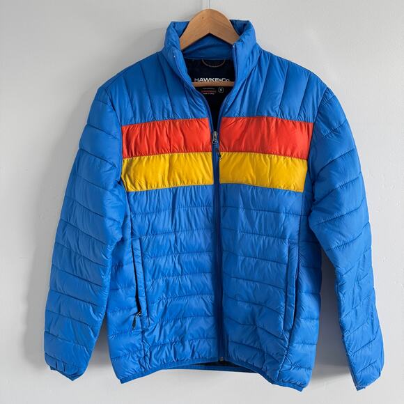 HAWKE & CO PACKABLE PUFFER JACKET MEN SMALL BLUE RETRO ORANGE YELLOW STRIPE - Picture 1 of 13